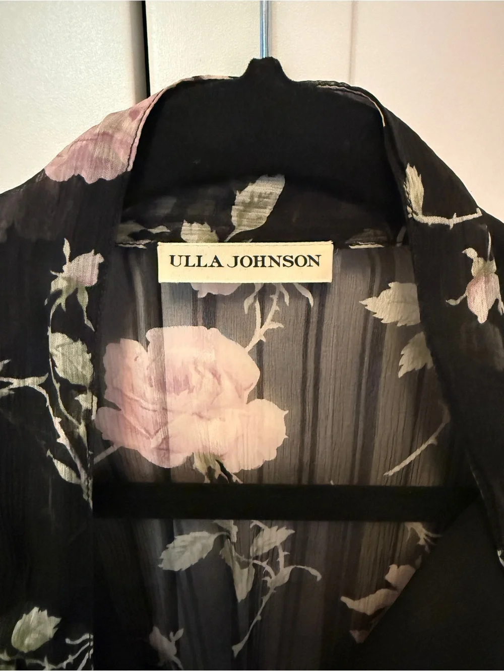 Ulla Johnson Marion Dress Silk Chiffon Cold Shoulder Black w Blush Floral Size 0 - Picture 2 of 14